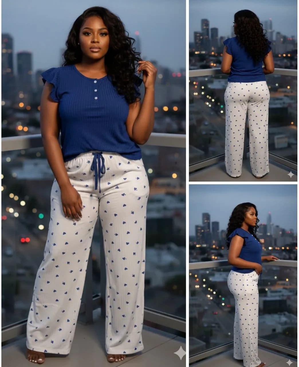 Ensemble Détente Femme – Haut Bleu + Pantalon Large Motif | Élégant & Léger - Image 1