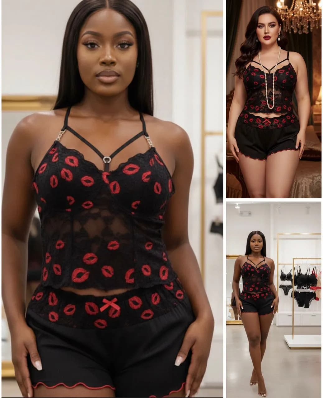 Ensemble Lingerie Noir & Rouge 2 Pièces – Dentelle Imprimé Lèvres - Image 1
