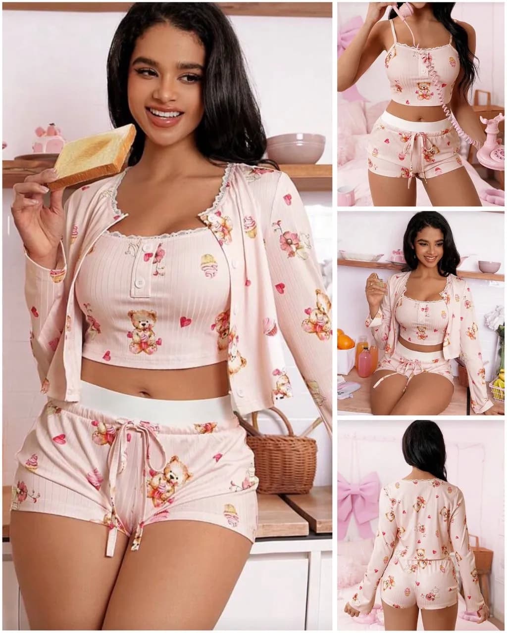 Ensemble Pyjama Femme 3 Pièces Imprimé Ourson – Top, Short & Veste - Image 1