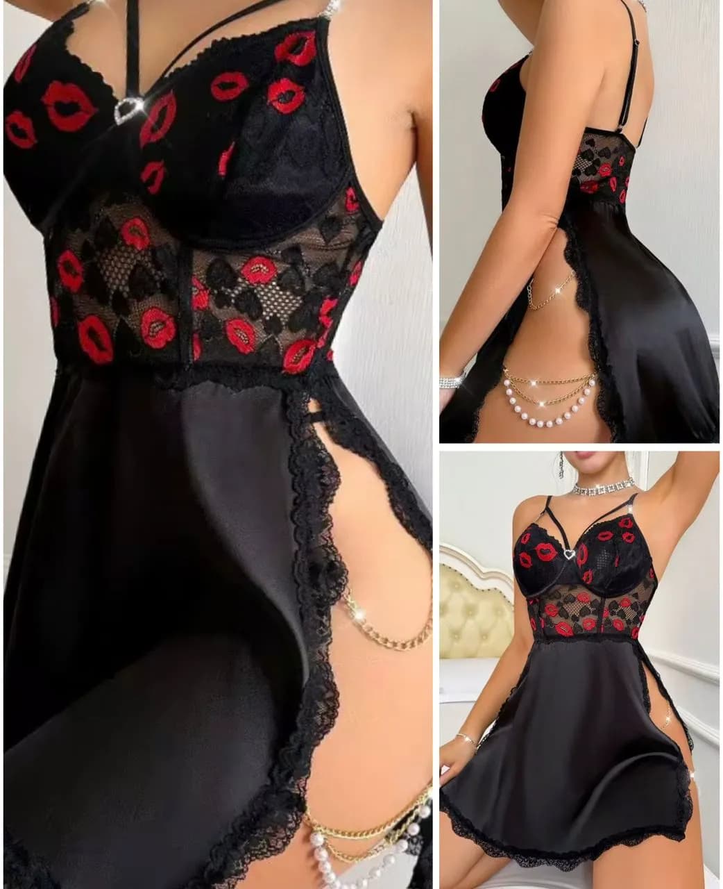 Nuisette Femme Noir & Rouge Dentelle – Robe de Nuit Élégante - Image 1