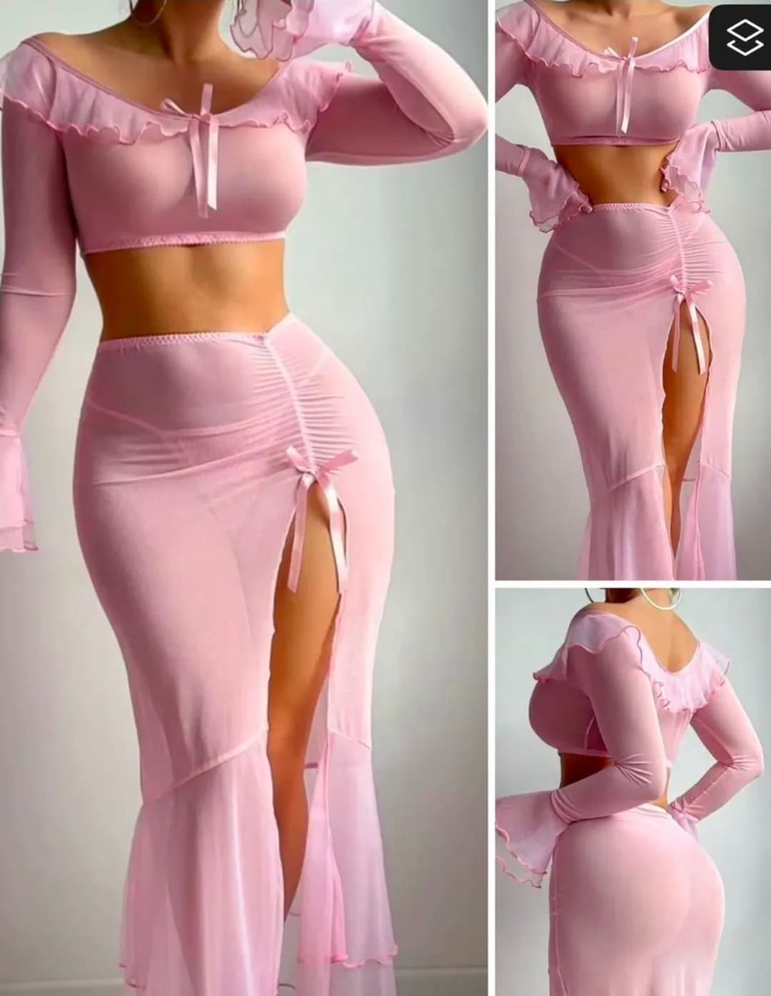 Le produit Ensemble Lingerie Rose 2 Pièces – Jupe Longue Fendue & Haut Assorti