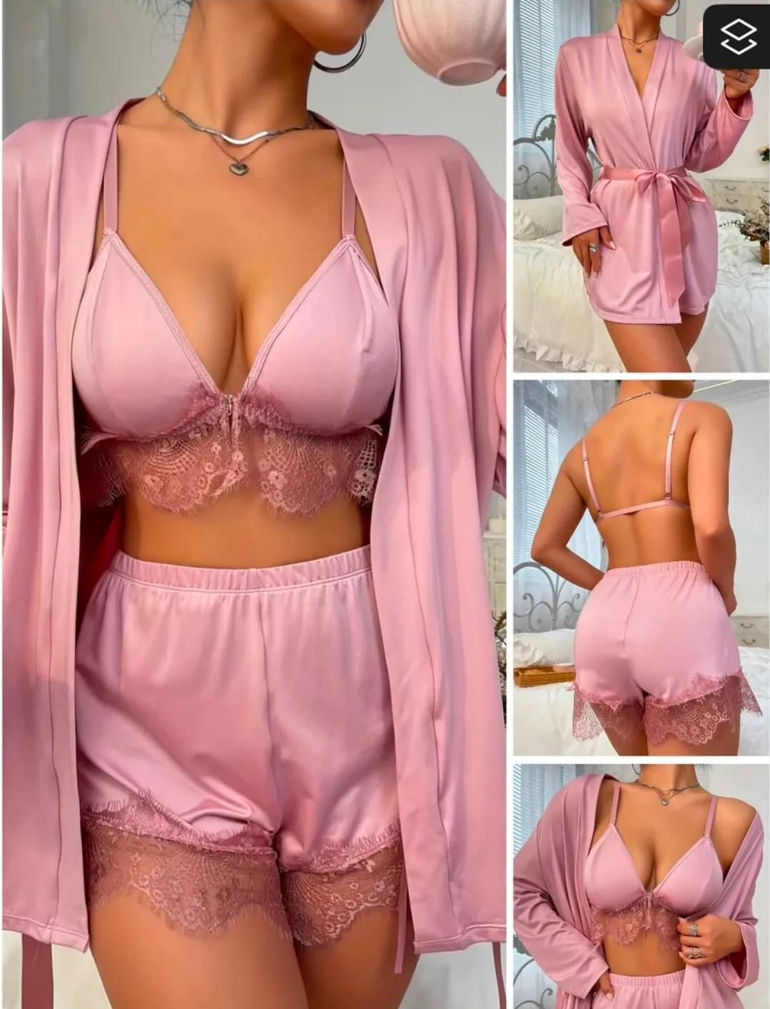 Le produit Ensemble Pyjama Satin Rose 3 Pièces – Brassière, Short & Kimono