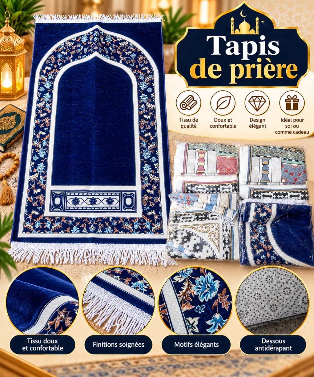Le produit Tapis de prière Premium Bleu Marine – Motifs Floraux