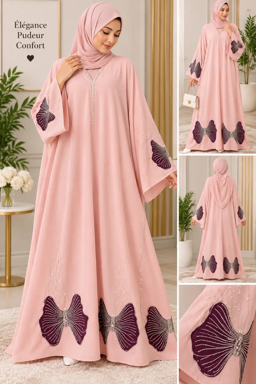 Le produit Robe Abaya Papillon Rose Poudré
